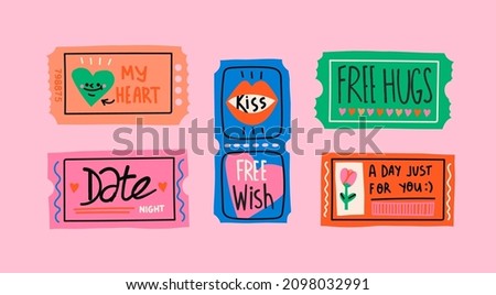 Love Coupons for boyfriend or girlfriend. Valentines day tickets. My heart, kiss, free hugs, date night, free wish, day for you. Love, romance concept. Hand drawn Vector set. All elements are isolated