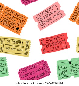 Love coupons, couple pastime tickets seamless pattern. For a romantic dinner, picnic, perfect date, foot massage, movie night, one any wish.Vector isolated illustration for textile, wrapping paper etc
