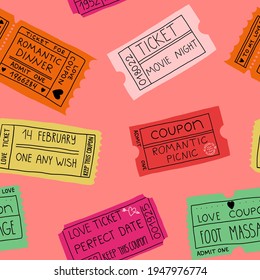 Love Coupons, Couple Pastime Tickets Seamless Pattern. For A Romantic Dinner, Picnic, Perfect Date, Foot Massage, Movie Night, One Any Wish.Vector Illustration For Textile, Wrapping Paper Etc