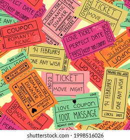 Love coupons, couple pastime tickets seamless pattern. For a romantic dinner, picnic, perfect date, foot massage, movie night, one any wish. Vector cute illustration for textile, wrapping paper etc