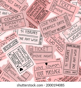 Love coupons, couple pastime tickets seamless pattern. For a romantic dinner, picnic, perfect date, foot massage, movie night, one any wish. Vector cute illustration for textile, wrapping paper etc