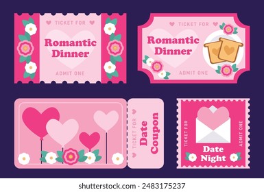 Love coupons. Coupon for dinner. Coupon for a date. Coupon for a night. Vector illustration. Love tickets.