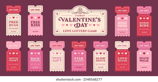 Love Gutscheine und Tickets mit romantischen Interaktionen. Valentinstag grafische dekorative Elemente, Karten und niedliches Spiel. Vektorgrafik.