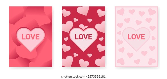 Love cover background set. Romantic poster. Happy Valentines Day cards. Heart abstract design pattern collection