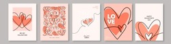 Love Cover Background Set Vector Illustration. Happy Valentines Day Cards With Two Hearts One Line Continuous Shape, Greeting Sign. Invitation Abstract Design Patterns In Minimal Line Art Modern Style