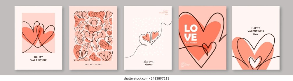 Love cover background set vector illustration. Happy Valentines Day cards with two hearts one line continuous shape, greeting sign. Invitation abstract design patterns in minimal line art modern style