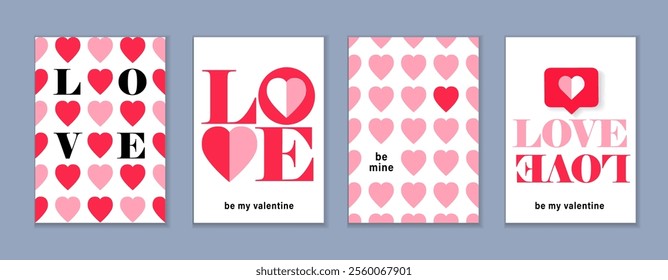 Love covers, Be my Valentine, set of creative typography. Happy Valentine's Day posters concept - Love font, be mine love, Be my Valentine. Vector backgrounds with hearts pattern in modern style