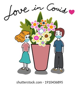love in covid-19 the lover wearing face mask standing with big pot of flowers, can be valentine card, greeting card hand drawn cartoon vector with wording love in covid and red heart 