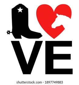 Love Cowboy vector black printable text with cowboy boot and red heart. Country Love illustration isolated on white.