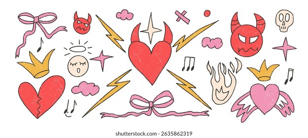 Love crayon drawn set. Heart, devil, angel and doodle elements. Punk girly background. Scribble grunge shapes. Hearts, crown and sketch graffiti color art. Vector illustration by pencil.