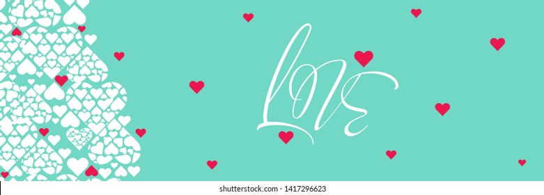 LOVE - creative hand drawn calligraphy on pale turquoise background for Valentine`s Day cards, party invitations, greetings, posters, wedding design and decoration, flyers, banners, prints, web. 