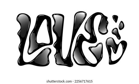 Love - creative lettering illustration in modern trendy liquid chrome style. Isolated vector typography design element. Black glossy weird liquid letters for web, print, fashion purposes