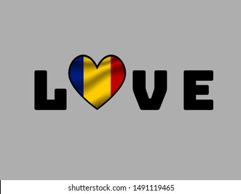 Love creative sign text with heart and inside Beautiful national flag of Romania . original colors and proportion. Simply vector illustration eps10, from countries flag set.