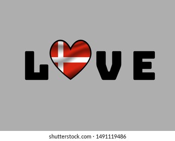 Love creative sign text with heart and inside National flag of Kingdom of Denmark . original colors and proportion. Simply vector illustration, from countries flag set.