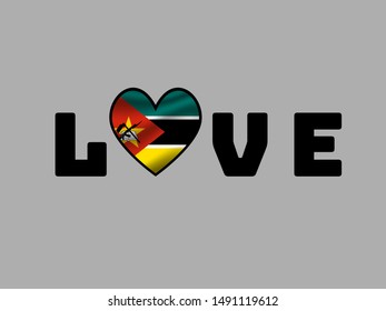 Love creative sign text with heart and inside National flag of Republic of Mozambique. original colors and proportion. Simply vector illustration eps10, from countries flag set.