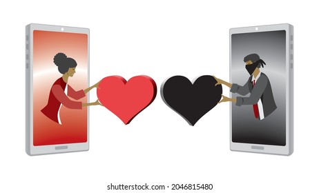 Love Crime Online. Dishonest Man Giving Black Heart To Woman In Love. Vector Illustration. Dimension 16:9.