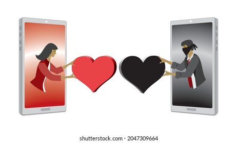 Love Crime Online. Dishonest Man Giving Black Heart To Woman In Love. Vector Illustration. Dimension 16:9.