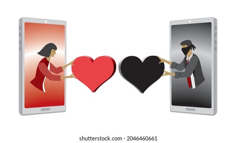 Love Crime Online. Woman Meeting Dishonest Man. Vector Illustration. Dimension 16:9. EPS10.