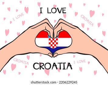 I love Croatia. Heart hand gesture with Croatia flag. Modern design with text I love Croatia in flat style. Beautiful background design with hearts. Vector illustration eps 10