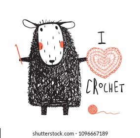 I love crochet sheep hand drawn design. Cute adorable sheep crocheting a red heart. Vector cartoon.