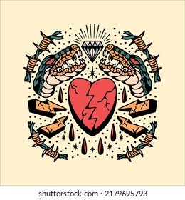 love and crocodile tattoo flash vector design