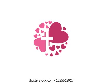 Love Cross Logo Design. Heart Christian Vector Graphic. 