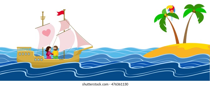 Love cruise, Romantic couple on ship sailing to tropical island flat vector illustration