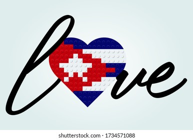 Love Cuba Text. Flag in heart. Calligraphy text. From plastic building toy bricks or blocks. Vector illustration.