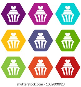 Love cupcake icon set many color hexahedron isolated on white vector illustration