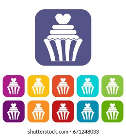 Love cupcake icons set vector illustration in flat style In colors red, blue, green and other