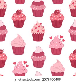 Love cupcakes seamless pattern for Valentine s, wedding and other holidays. Pink romantic sweet pastry pattern. White background.