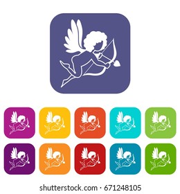 Love Cupid icons set vector illustration in flat style In colors red, blue, green and other