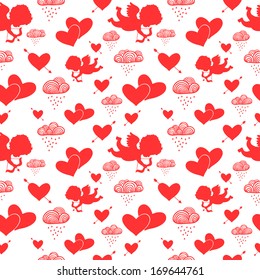Love cupids hearts arrows and clouds seamless pattern vector illustration
