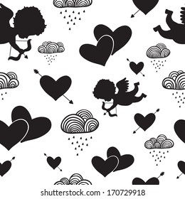 Love cupids hearts arrows and clouds seamless pattern vector illustration