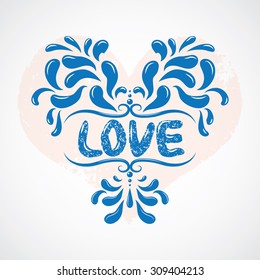 love curly calligraphy sign with pink heart.