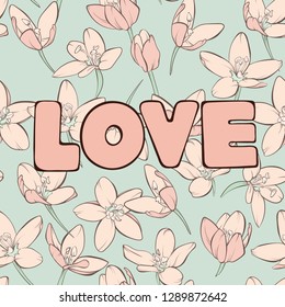 Love curly sign with flowers. Seamless pattern included.