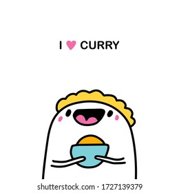 Ich liebe Curry Hand gezeichnete Vektor-Illustration in Comic Stil Mann halten Tasse Gewürze Schüssel gelb