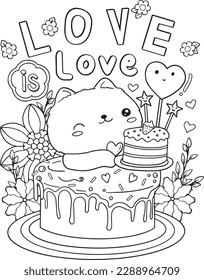 El amor es amor. Dibujos animados de animales con pasteles, corazones y arte floral, dibujados a mano con palabras inspiradoras. Dibujo de Doodles para San Valentín o tarjetas de felicitación. Libro de coloración para adultos y niños