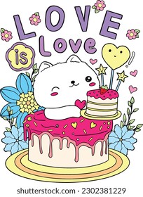 Love is love. Cute animal cartoons with cakes, hearts, and flower art. Hand drawn with inspirational words. Doodles art for Valentine's Day or Greeting cards. Coloring book for adults and kids
