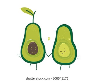 Love cute avocado - two green  half walk together. card to 14 February