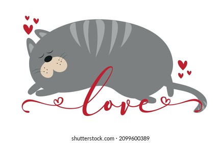 Love - cute cartoon cat with hearts. Good for greeting card, T shirt print, poster, label and other gifts design.