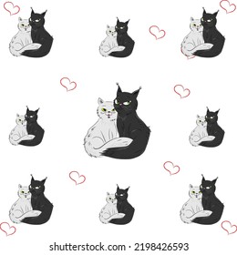 Love cute cats pattern on transparent background with red hearts 