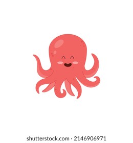 In love, cute, funny red octopus on a white background. Happy octopus in cartoon style vector flat illustration. Sea animal with tentacles.