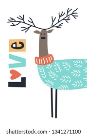 Love - Cute kids hand drawn nursery poster with deer and lettering on white background. Color vector illustration in scandinavian style.