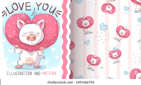 Love cute pig - seamless pattern. Hand draw