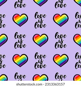 Love is love, cute seamless pattern with lgbt rainbow hearts - Gay pride. Pride Month. Happy Pride Month Illustration. funny drawing pattern. Poster or t-shirt textile graphic design.