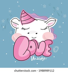 Love Cute unicorn face head.Vector cartoon character illustration.Design child magic concept on the starry sky background.Cute baby unicorn  logo print, poster design.