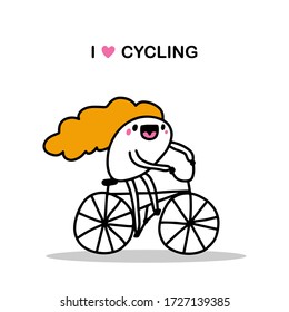 I love cycling hand drawn vector illustration in cartoon comic style woman driving bike happy