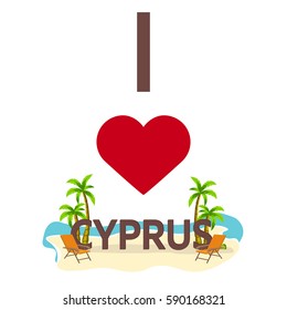 I love Cyprus. Travel. Palm, summer, lounge chair Vector flat illustration