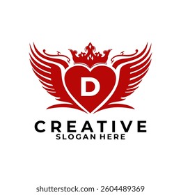 Love D initial logo with wings and crown. Initial Letter D with wing love and Crown logo design vector template